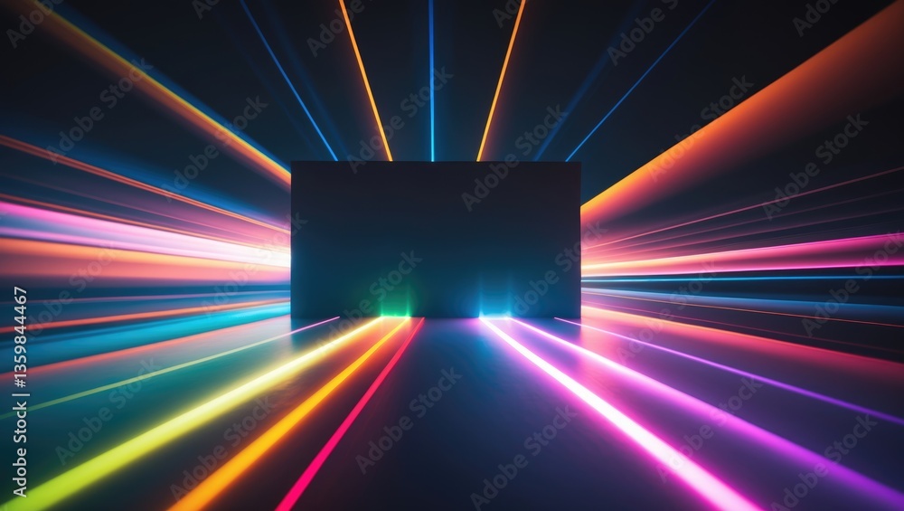 Poster an abstract light background features a black backdrop with multicolored rays extending out in strip