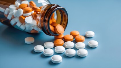White medical pills and tablets tumbling out of a medication bottle. Close-up overhead view.