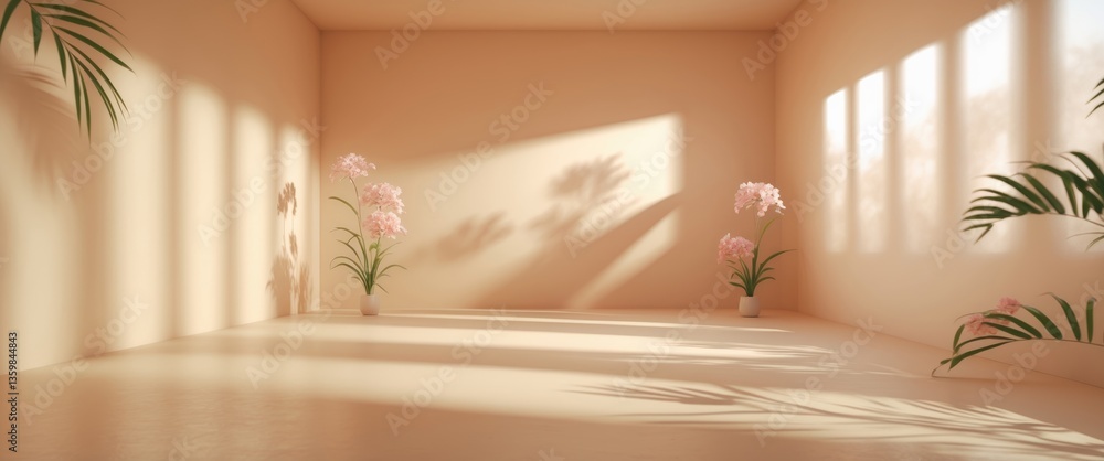 Poster abstract beige studio background for product showcase. empty space with window shadows and floral ac