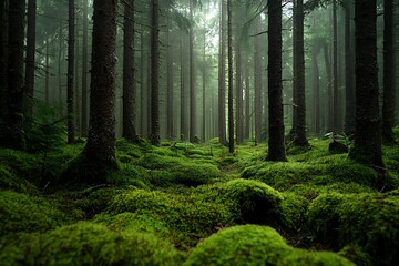 Obraz premium Moss-clad woods craft a calm and unified mood with its close and softly charming setting 
