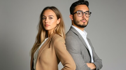 Modern professional portrait of two business professionals in a studio setting showcasing collaboration and diversity