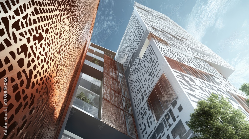 Poster modern architectural design with intricate facade patterns and dynamic textures in urban environment