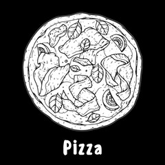 Hand drawn pizza. Italian pizza design element. Vector illustration. Italian food sketch. Menu, package design