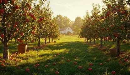A sun-drenched apple orchard with ripe fruit and a charming white house.