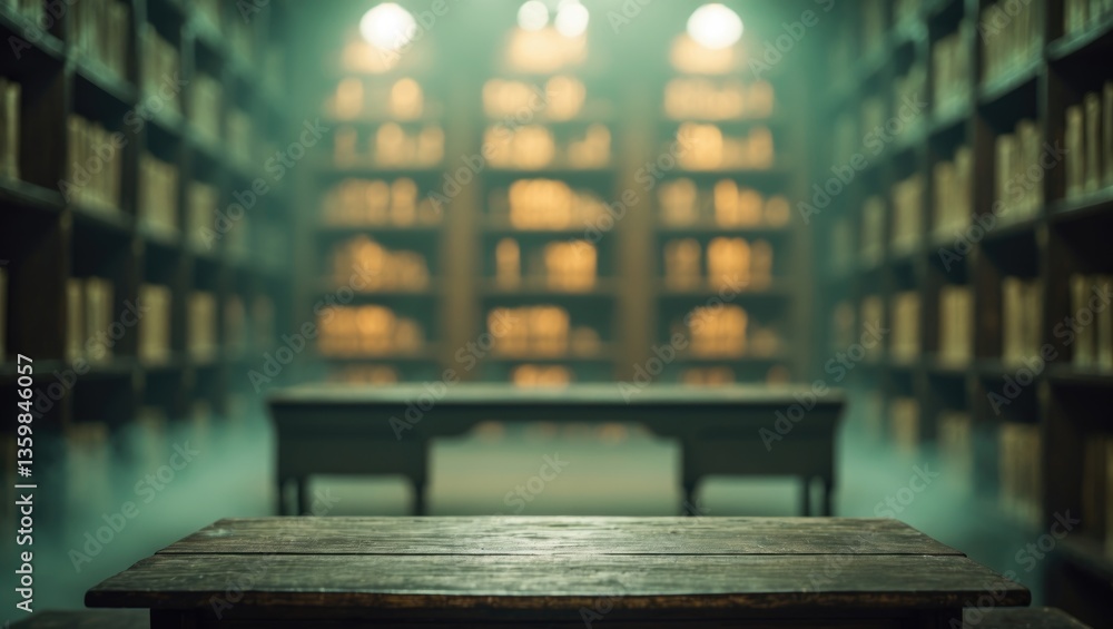 Poster backdrop of a desk and table in a library that is blurred and out of focus.