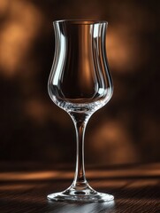 Elegant crystal glass with curved rim and slender stem, placed on a dark wood table, elegant, luxurious