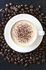 Cappuccino Coffee Cup Surrounded by Coffee Beans