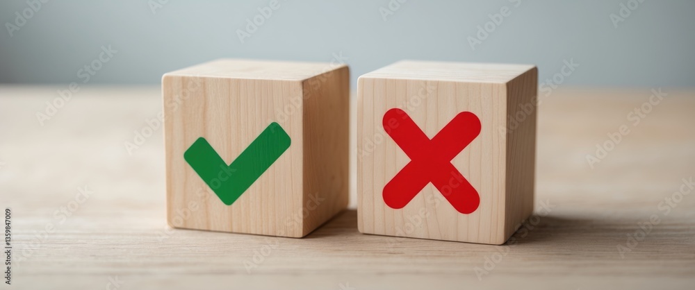 Poster tick mark and cross mark on wooden blocks. wooden cubes displaying a green check mark and a red x. c