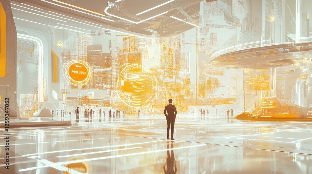 Poster futuristic depiction of mutual fund concepts in a high-tech urban environment showcasing digital int