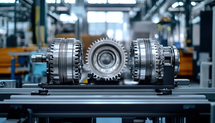 Detailed view highlights the gearbox of a heavy machine, showcasing precision-engineered parts in an industrial factory. Bright lighting enhances the metallic texture and design complexity