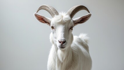 Fototapeta premium A solitary white goat posed in a portrait style against a white backdrop.