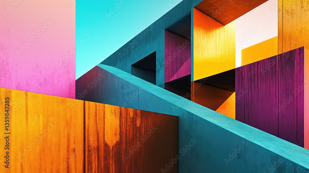 Poster vibrant abstract geometric shapes in bright colors with dynamic angles and textures illustrating mod
