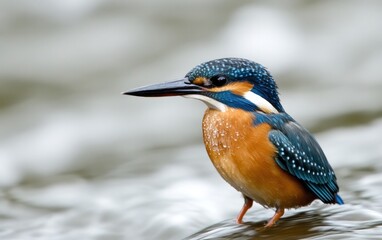 Obraz premium Close-up view of a vibrant blue and orange kingfisher perched on a rock near a blurred river. Water droplets are visible on its feathers, suggesting a recent encounter with water. The image has a