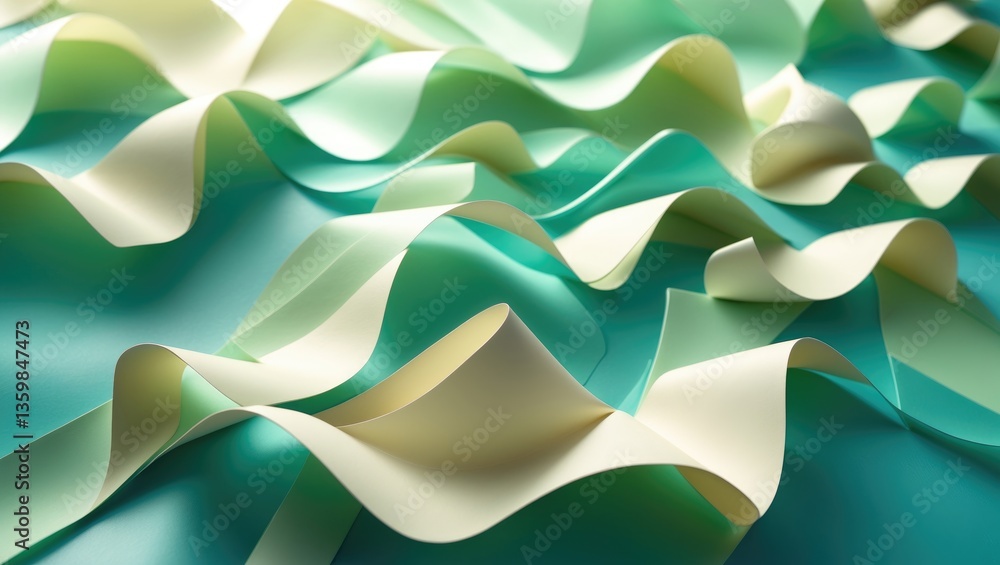 Poster background macro image of origami droplets in turquoise and cream, created from curved sheets of pap