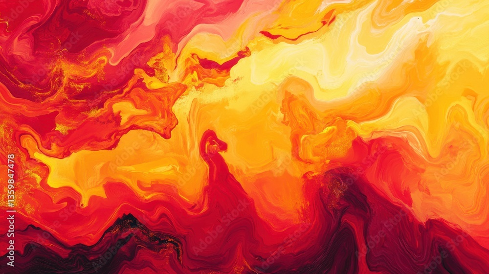 Poster Dynamic gradient of fiery red orange creating a vibrant abstract composition with swirling patterns