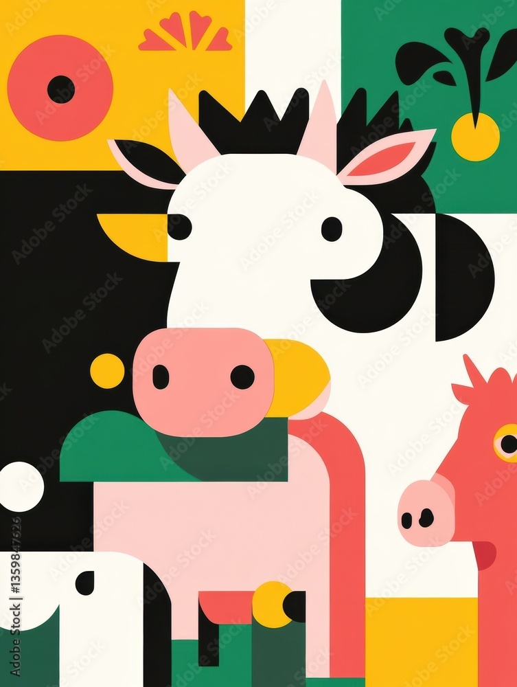 Aufkleber vibrant geometric illustration of cows pigs and chickens in a modern minimalist style generative ai