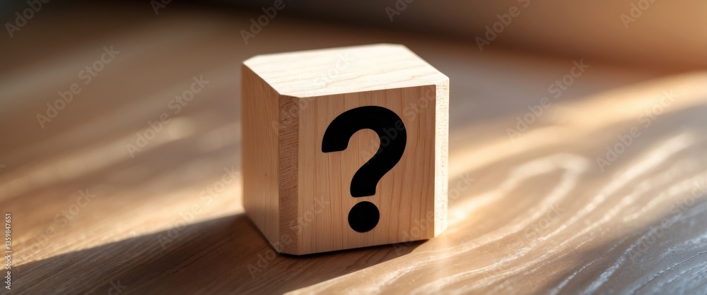 Poster wooden cube featuring a question mark symbol on a wooden table with light and shadow blur motion bac