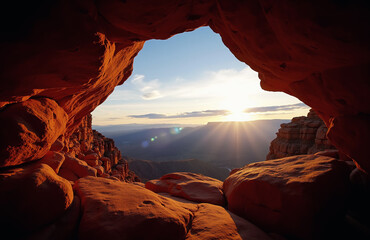 Dramatic rocky overhang framing vibrant sunset mountain vista.