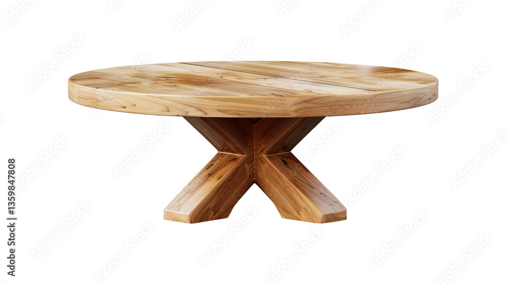 Poster rustic charm: a sturdy wooden table with a round top and a unique, crossed-leg base, perfect for dis