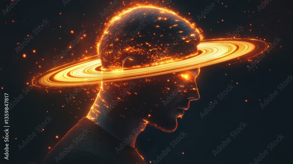 Poster Dynamic profile of a man illuminated by cosmic elements and a ringed planet in a cosmic setting