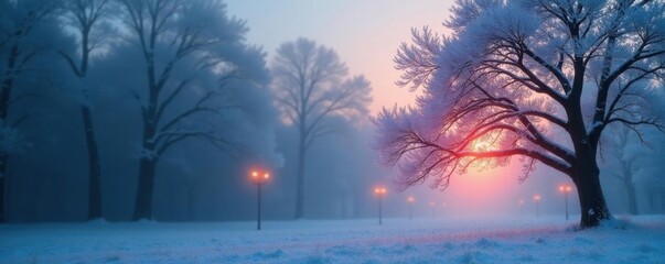 Ethereal mist swirls around frosty tree branches, illuminated by soft luminescent glow ,  peaceful,  frosty trees,  misty