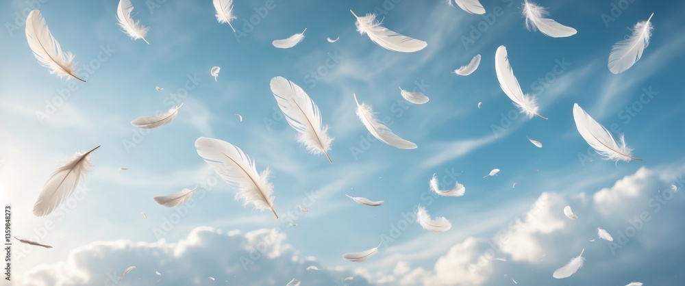 Poster abstract collection of white bird feathers soaring in the sky with clouds. lightness of feathers dri