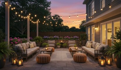 A cozy outdoor patio with sofas, lanterns, and string lights at dusk.