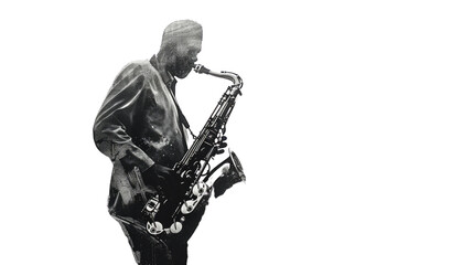 Harmony in Black and White: A skilled musician is fully immersed in the melodic symphony as the saxophone is played, with an expression of deep emotion. The image depicts the artistic skill, culture.