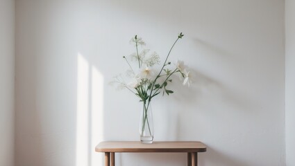 white wall interior featuring flowers on the table
