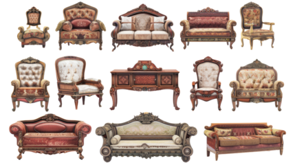 Elegant Furniture Selection: A showcase of antique, ornately carved furniture sets against a seamless backdrop. This assortment embodies the allure of classic design.