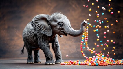 A playful young elephant interacts with colorful candies spilling around, creating a joyful atmosphere