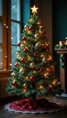Evergreen Christmas tree with snowflakes and ornaments in a festive room , ornaments, decoration, holiday