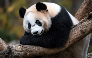 Obraz premium Close-up view of a giant panda resting on a tree branch. The panda's black and white fur is prominent, and its expression is calm and peaceful. The background is blurred, suggesting a natural