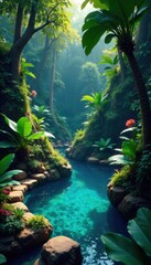 Exotic foliage surrounds a serene pool, intricate patterns and hues, green, pool