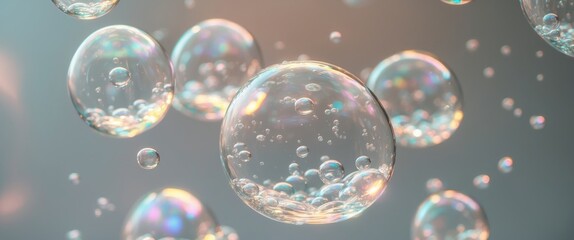 Water bubbles detached on a light gray backdrop.