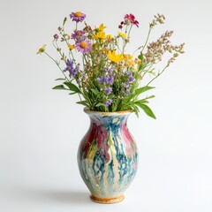Colorful ceramic vase filled with fresh wildflowers in a bright and cheerful arrangement