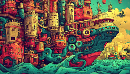 Fototapeta premium Vibrant surreal cityscape with whimsical ships and colorful buildings amidst a lively ocean backdrop