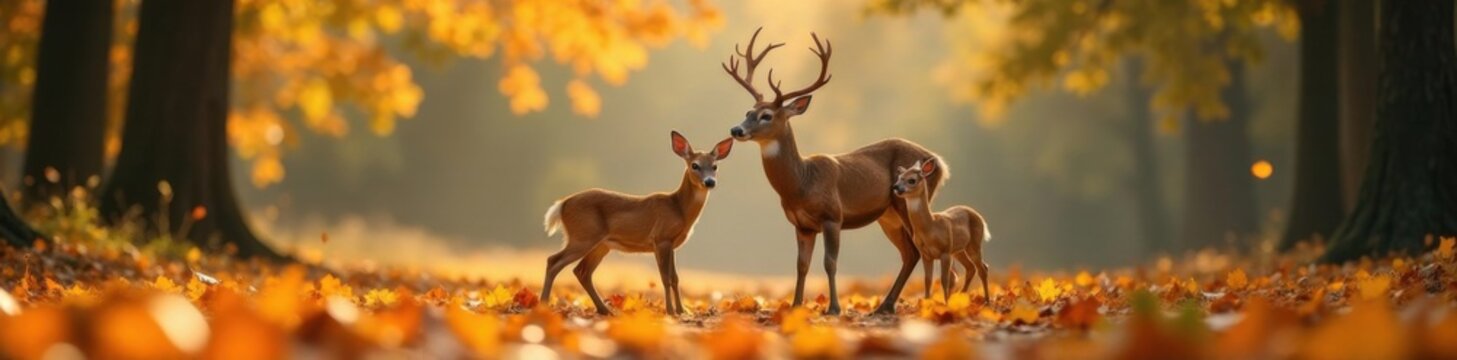 Family of deer playing together in the autumn leaves, deer, animals