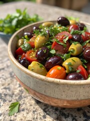 Delicious olive and tomato salad in a rustic bowl.