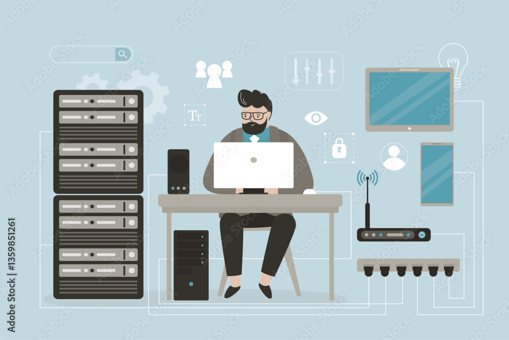 Poster modern data center with admin workspace. room interior with desktop computer, information technology