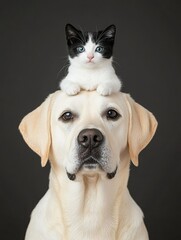 A yellow Labrador retriever dog with an adorable black and white kitten sitting on its head, isolated in front of the camera against a solid dark background, studio photography