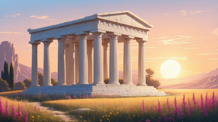 Obraz premium Majestic ancient temple seen during sunset with vibrant flowers and striking landscape in the background