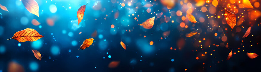 Autumn's Embrace: Captivating, dreamy scene features floating leaves against a backdrop of soft bokeh, with rich hues of blue and orange. The image invites the viewer to embrace the changing seasons.