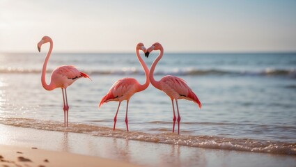Obraz premium Three flamingos can be spotted on the shore.