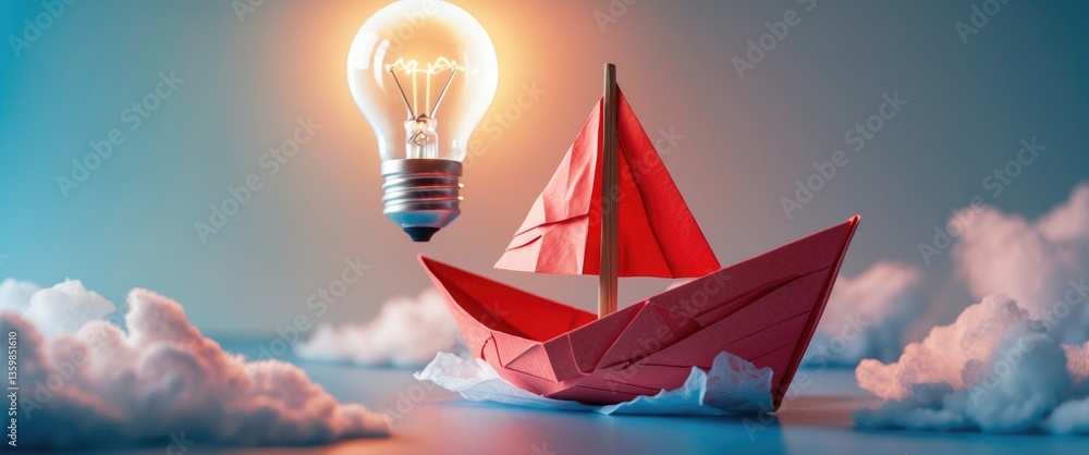 Poster chasing or discovering an idea and innovation in a business concept. a red paper boat navigating tow