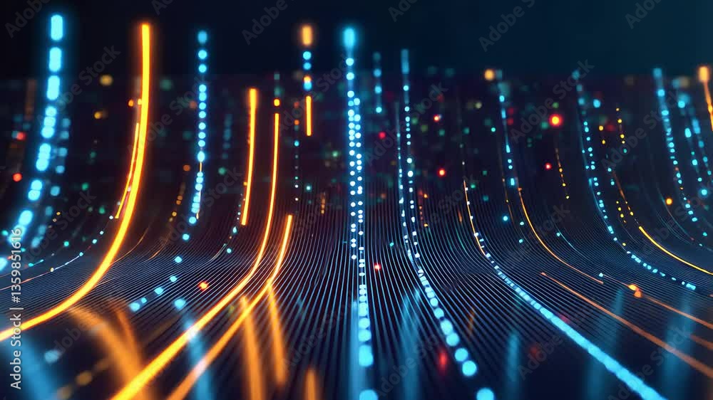 Poster neon light streams with digital grid for tech backgrounds and futuristic visual effects