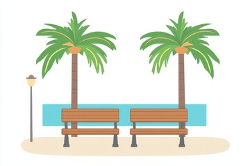 Fototapeta premium Relaxing Beach Scene with Palm Trees and Wooden Benches