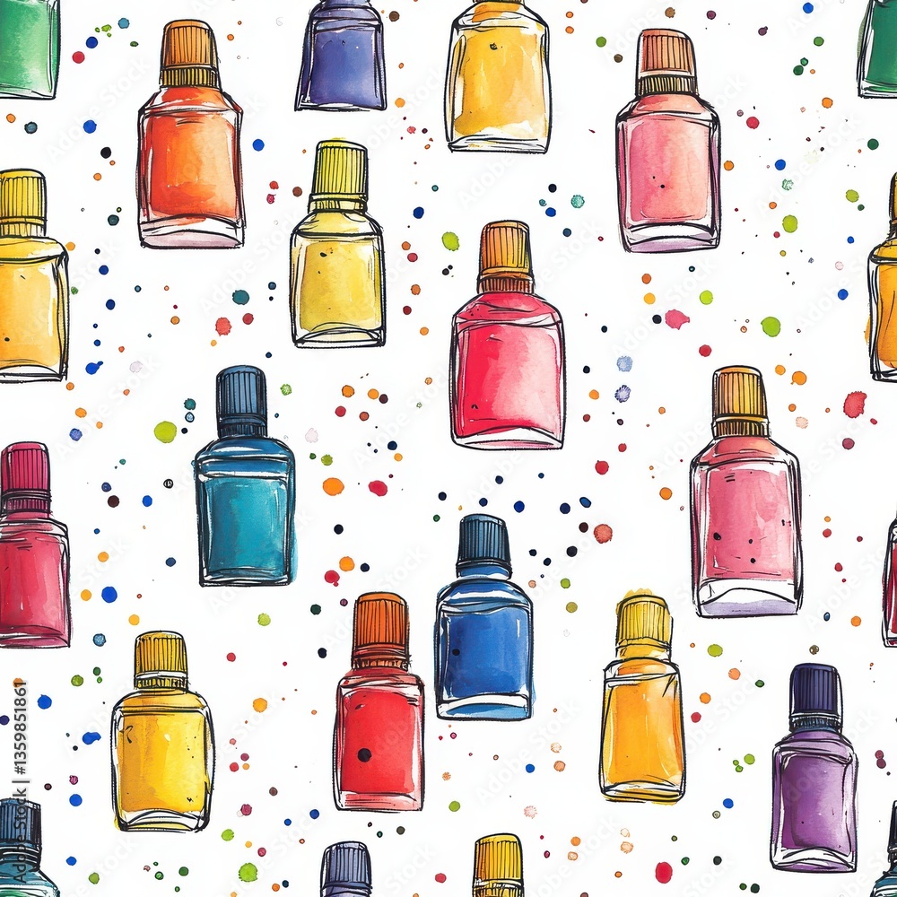 Poster vibrant doodle watercolor bottles scattered across a playful background with bright splashes of colo