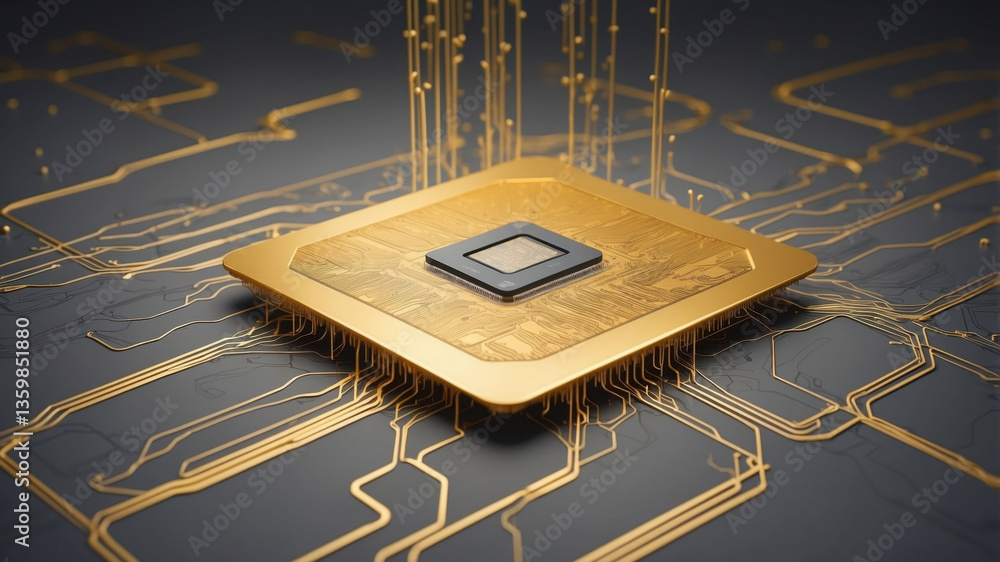 Poster modern microprocessor design featuring intricate circuitry and golden finish on a sleek background