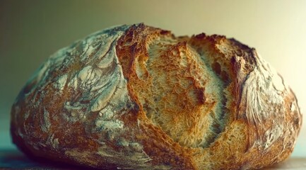 Rustic loaf of artisan bread with a deeply textured crust and visible airy crumb for healthy baking